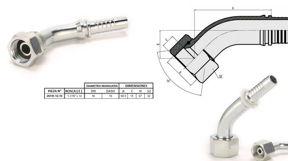 Imagen de HEMBRA CURVA 45° JIC 1.1/16'' UN X 12F 10 MANG.5/8''